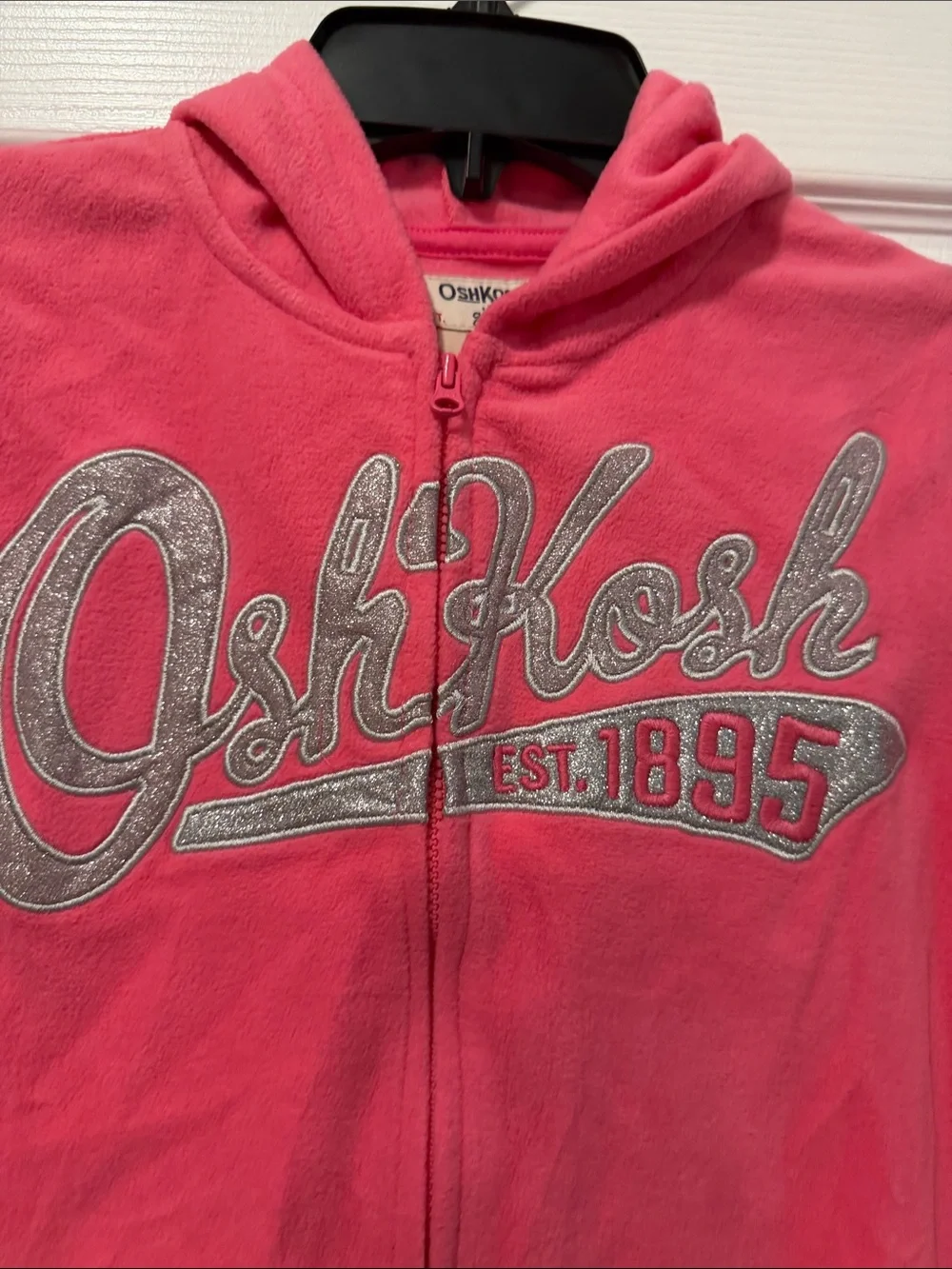 NWT OshKosh B'gosh  Bright Pink Hooded Zip-Up Fleece Jacket Sz 12 Silver Logo